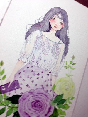 水彩画 手绘  女孩 插画 作者by 如月livia