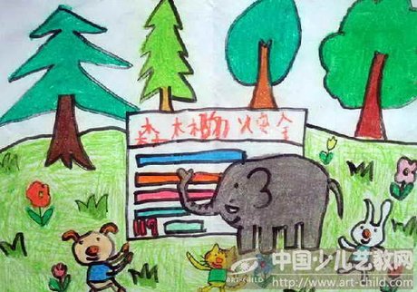 儿童画森林防火安全-《少儿画苑》第16届国际少儿书画大赛获奖作品