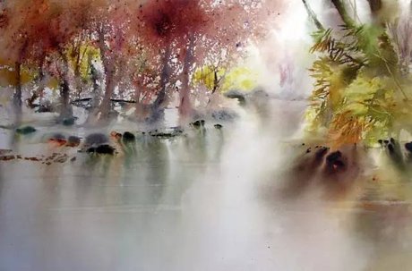 画十里芳华:富有诗意的水彩桃花林