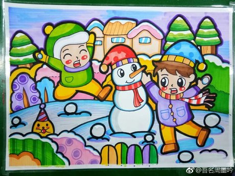 儿童画四季的图画 冬天简单蜡笔画 冬天的儿童画 下雪天儿童画图片
