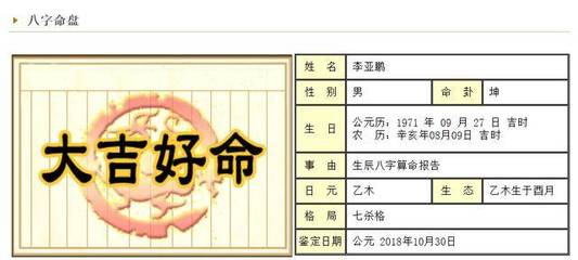 李亚鹏八字命理
