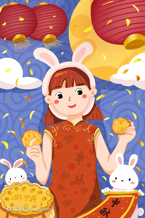 中秋节吃月饼的中国风小女孩