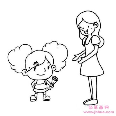 教师节简笔画图片大全:学生给老师献花