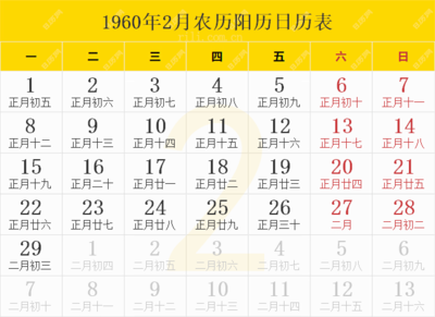 1960年阴历阳历对照表