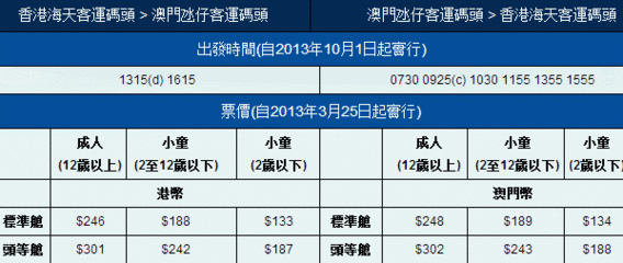 香港到澳门船票和时刻表