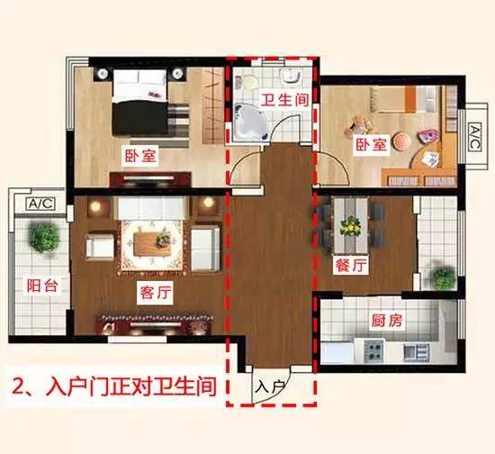 厕所门对着厨房中间隔了餐厅