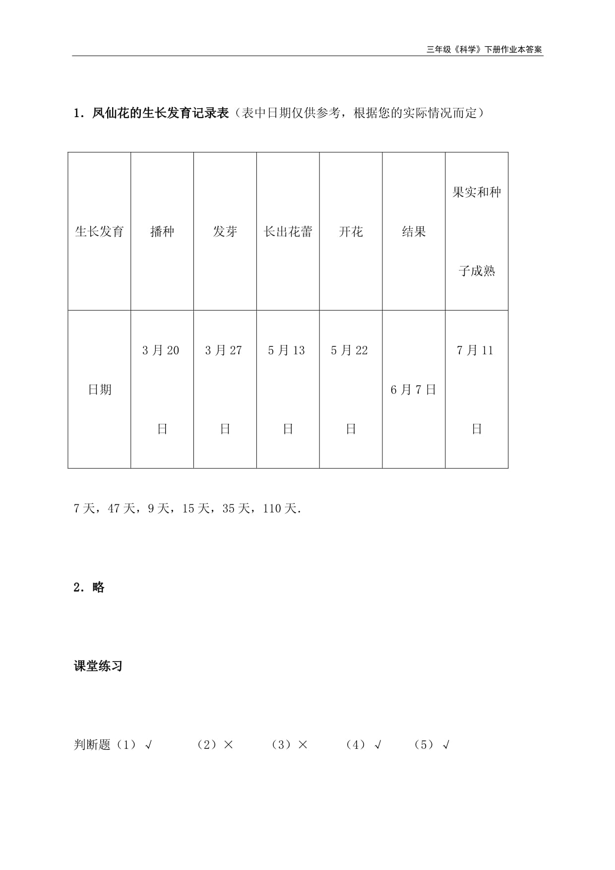凤仙花的生长发育记录表